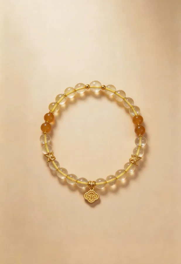 Clear Quartz & Brazilian Citrine Beaded Bracelet, Handmade Stretch Bracelet, One of a Kind Gemstone Gift - Golden Peace
