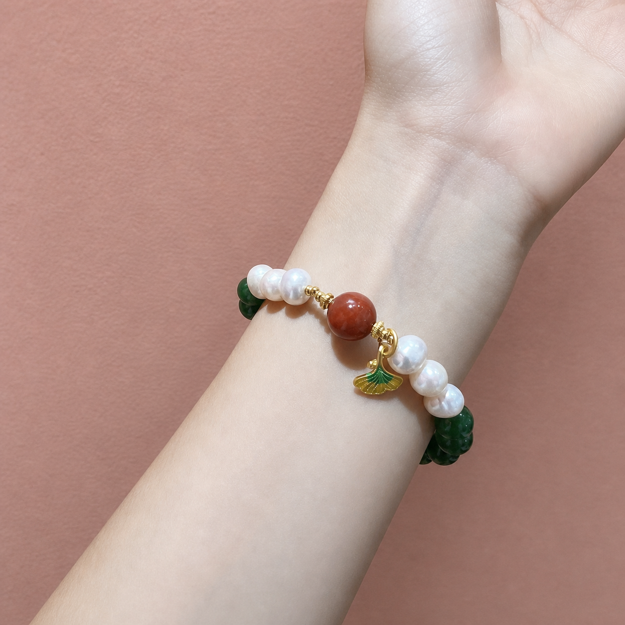 Green Agate & Pearl Beaded Bracelet, Handmade Stretch Bracelet, One of a Kind Gemstone Gift - Image 2