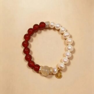 Red Agate & Freshwater Pearl Beaded Bracelet, Handmade Stretch Bracelet, One of a Kind Gemstone Gift