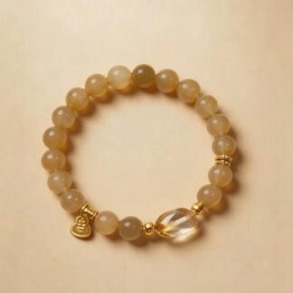 White Nephrite Jade & Citrine Beaded Bracelet, Handmade Stretch Bracelet, One of a Kind Gemstone Gift - Warm Caramel