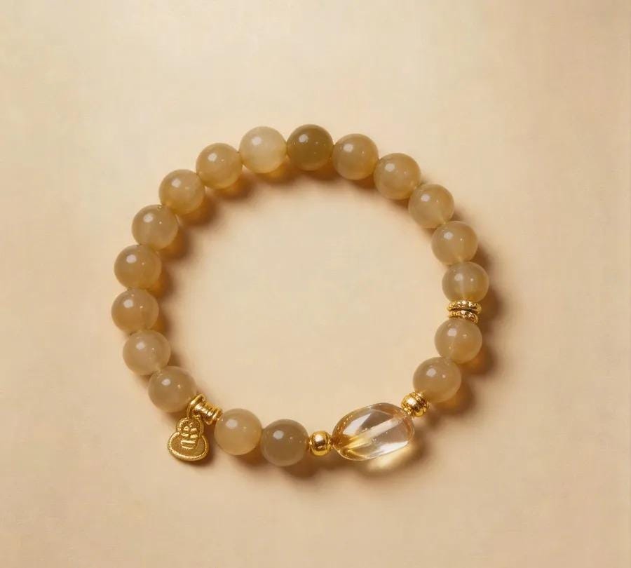 White Nephrite Jade & Citrine Beaded Bracelet, Handmade Stretch Bracelet, One of a Kind Gemstone Gift - Warm Caramel