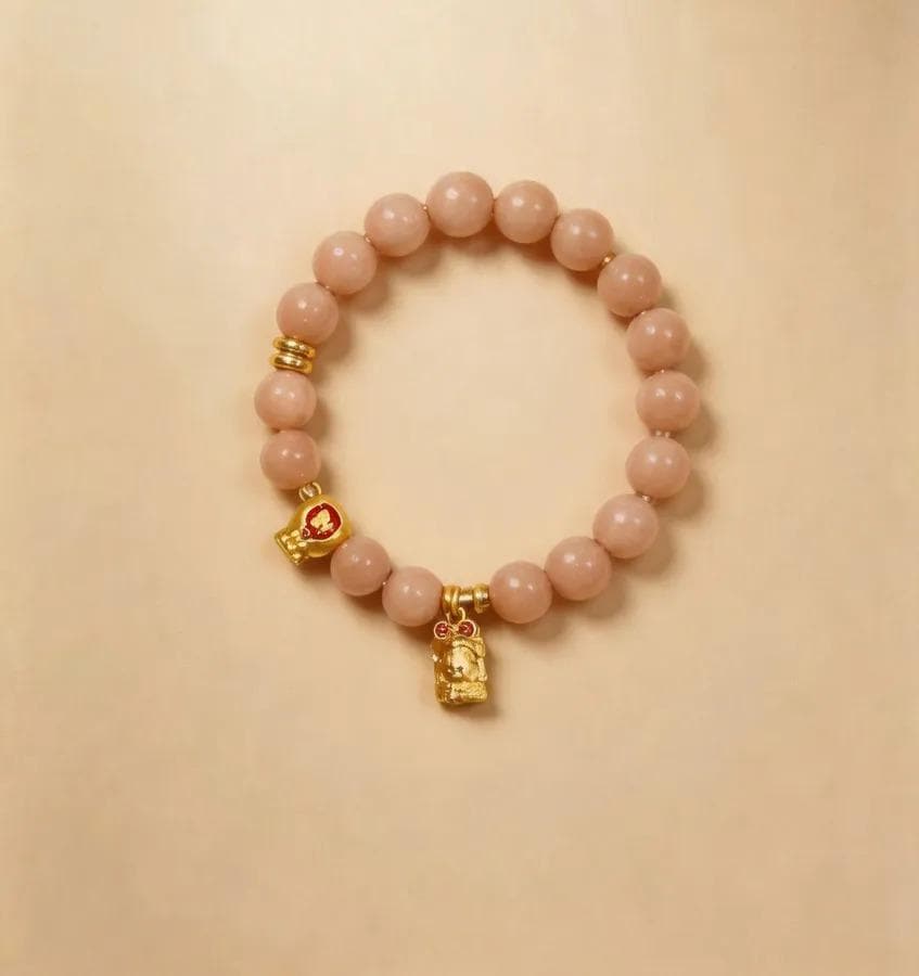 Peach Moonstone Beaded Bracelet, Handmade Stretch Bracelet, One of a Kind Gemstone Gift - Amber Bead