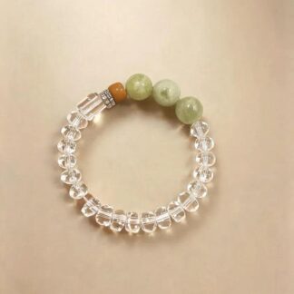 Xiuyan Jade & Clear Quartz Beaded Bracelet, Handmade Stretch Bracelet, One of a Kind Gemstone Gift - Clear Light