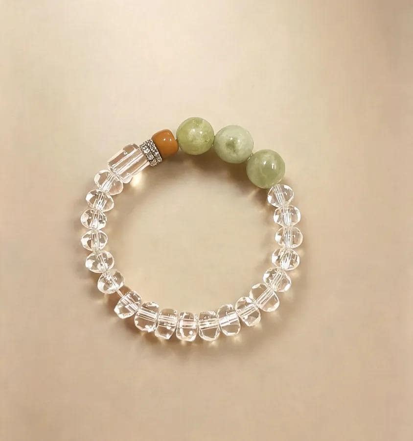 Xiuyan Jade & Clear Quartz Beaded Bracelet, Handmade Stretch Bracelet, One of a Kind Gemstone Gift - Clear Light