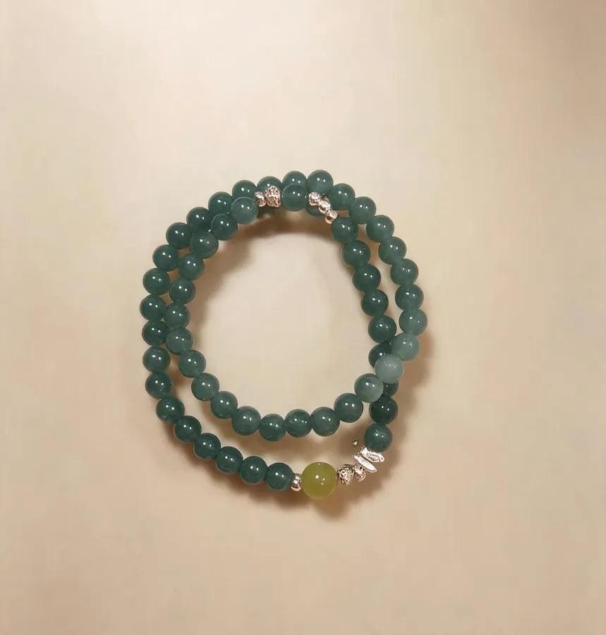 Blue-water Jadeite & Nephrite Jade Beaded Bracelet, Handmade Stretch Bracelet, One of a Kind Gemstone Gift - Green Ripple