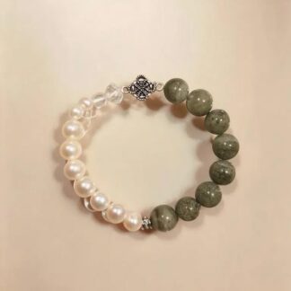Green Phantom Quartz & Pearl Beaded Bracelet, Handmade Stretch Bracelet, One of a Kind Gemstone Gift - Bright Moon
