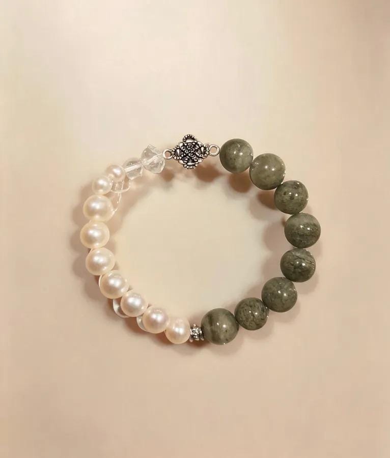 Green Phantom Quartz & Pearl Beaded Bracelet, Handmade Stretch Bracelet, One of a Kind Gemstone Gift - Bright Moon