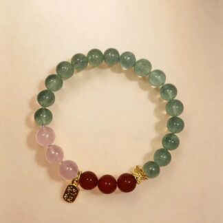 Green Strawberry Quartz & Madagascar Rose Quartz Beaded Bracelet, Handmade Stretch Bracelet, One of a Kind Gemstone Gift - Three Joys