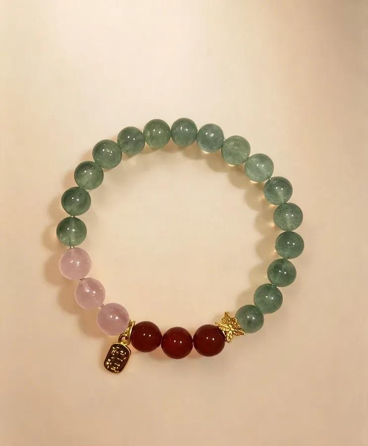 Green Strawberry Quartz & Madagascar Rose Quartz Beaded Bracelet, Handmade Stretch Bracelet, One of a Kind Gemstone Gift - Three Joys
