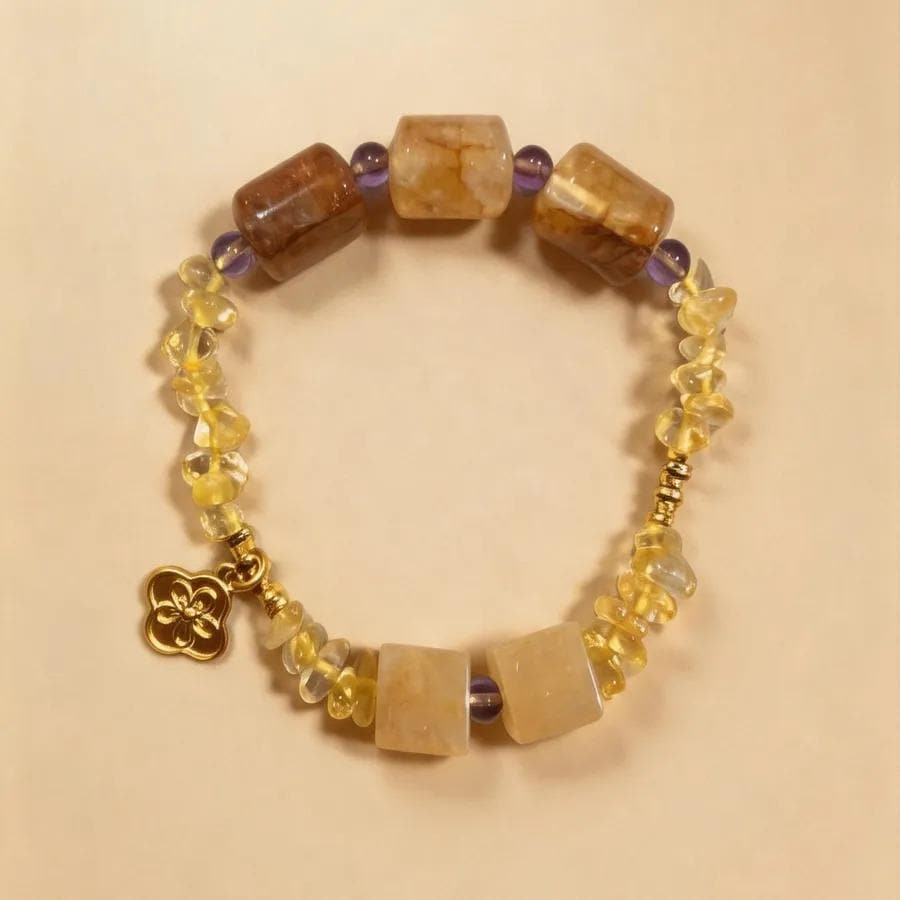 Citrine & Amethyst Beaded Bracelet, Handmade Stretch Bracelet, One of a Kind Gemstone Gift