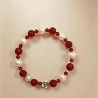 Red Agate & Pearl Beaded Bracelet, Handmade Stretch Bracelet, One of a Kind Gemstone Gift - Scarlet and White