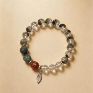 Green Phantom Quartz & Dzi Beaded Bracelet, Handmade Stretch Bracelet, One of a Kind Gemstone Gift - Rising Dawn