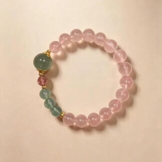 Madagascar Rose Quartz & Green Strawberry Quartz Beaded Bracelet, Handmade Stretch Bracelet, One of a Kind Gemstone Gift - Peach and Green