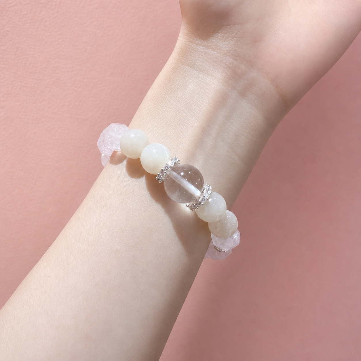 Rose Quartz & Moonstone Beaded Bracelet, Handmade Stretch Bracelet, One of a Kind Gemstone Gift - Image 2