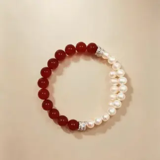 Red Agate & Pearl Beaded Bracelet, Handmade Stretch Bracelet, One of a Kind Gemstone Gift