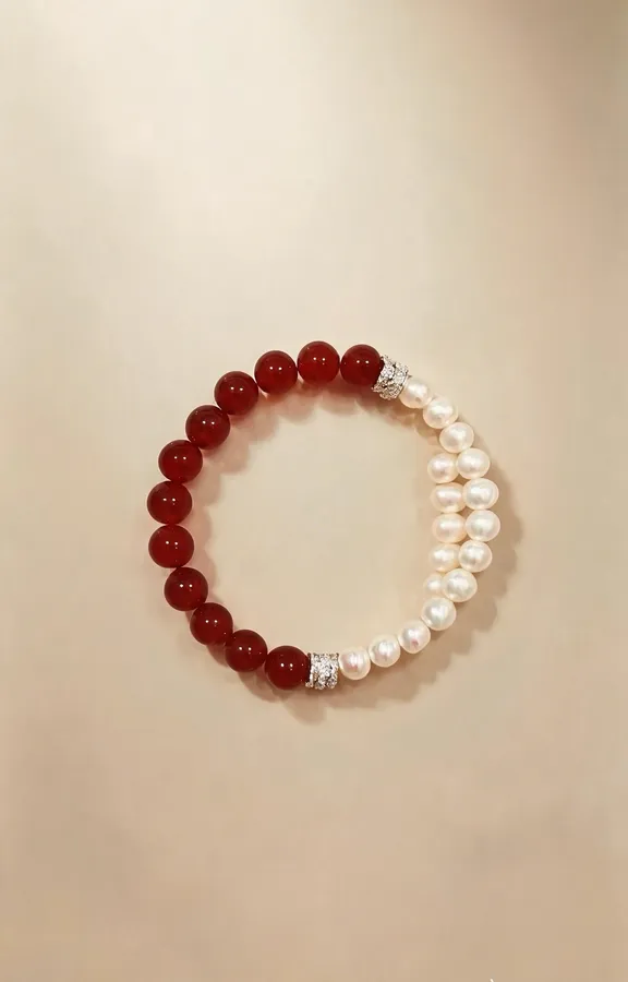 Red Agate & Pearl Beaded Bracelet, Handmade Stretch Bracelet, One of a Kind Gemstone Gift