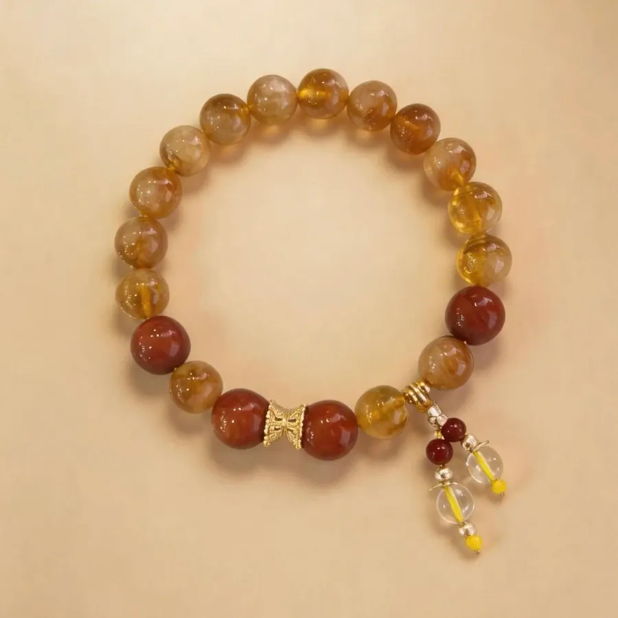 Nanhong Agate & Citrine Beaded Bracelet, Handmade Stretch Bracelet, One of a Kind Gemstone Gift